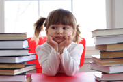 kid with hands supporting head at a desk full of books.